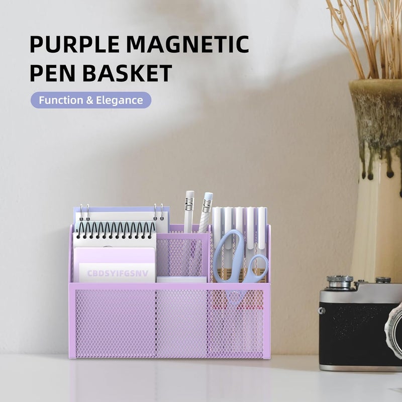 DALTACK Magnetic Pencil Holder - 3-Grid Mesh Shelf for Whiteboard, Refrigerator & Locker - Organizer for Home, School & Office, Purple - Image 2